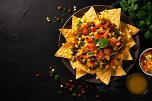 ai gerado topo Visão fresco mexicano Comida com nachos cópia de espaço generativo ai foto