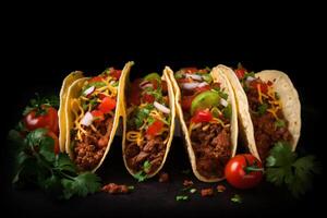 ai gerado mexicano tacos com carne dentro tomate molho e salsa generativo ai foto