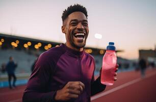 ai gerado uma homem em uma corrida rastrear segurando uma garrafa do água foto