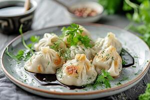 ai gerado dumplings servido em uma branco placa. ai gerado foto