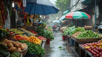 ai gerado generativo ai, tradicional oriental ásia mercado com frutas e legumes debaixo a chuva com guarda-chuvas foto