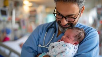 ai gerado generativo ai, pediatra médico segurando uma recém-nascido bebê dentro hospital, conceito do parto e cuidados de saúde profissionais foto