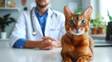 ai gerado generativo ai, fofa gato ser examinado de profissional veterinário dentro veterinario clínica foto