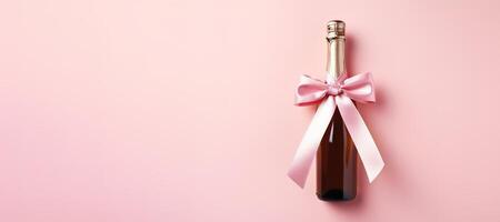 ai gerado generativo ai, Rosa champanhe garrafa brincar com arco em Rosa fundo foto