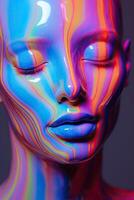 ai gerado generativo ai, mulher face dentro iridescente cores líquido, fluido, futurista estrangeiro estilo, fechar-se foto