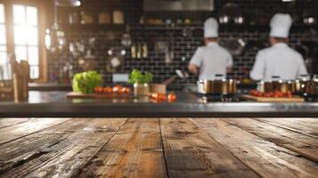 ai gerado generativo ai, ocupado chefs trabalhando em a restaurante cozinha , borrado fundo foto