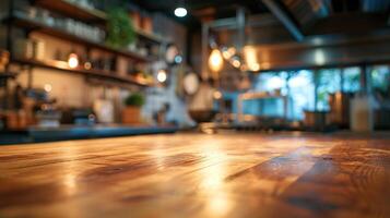 ai gerado generativo ai, esvaziar de madeira de mesa em borrado moderno cozinha fundo com cópia de espaço foto