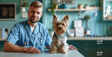 ai gerado generativo ai, fofa pequeno cachorro ser examinado de profissional veterinário dentro veterinario clínica foto