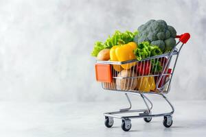 ai gerado generativo ai, compras carrinho com legumes e fruta dentro, saudável Comida conceito, desconto e oferta. foto