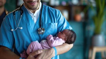 ai gerado generativo ai, pediatra médico segurando uma recém-nascido bebê dentro hospital, conceito do parto e cuidados de saúde profissionais foto