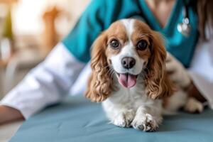 ai gerado generativo ai, fofa pequeno cachorro ser examinado de profissional veterinário dentro veterinario clínica foto