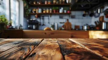 ai gerado generativo ai, esvaziar de madeira de mesa em borrado moderno cozinha fundo com cópia de espaço foto