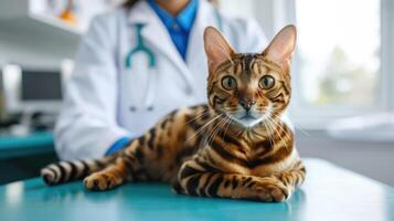 ai gerado generativo ai, fofa gato ser examinado de profissional veterinário dentro veterinario clínica foto