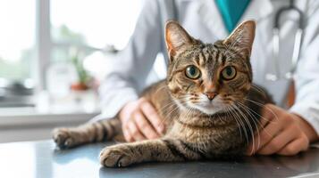 ai gerado generativo ai, fofa gato ser examinado de profissional veterinário dentro veterinario clínica foto