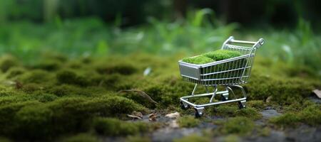 ai gerado generativo ai, compras carrinho em Relva e musgo fundo, meio Ambiente conceito, compulsão por compras, ecologia conceito. sustentável estilo de vida, consciente consumo foto