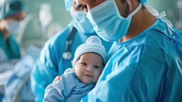 ai gerado generativo ai, pediatra médico segurando uma recém-nascido bebê dentro hospital, conceito do parto e cuidados de saúde profissionais foto