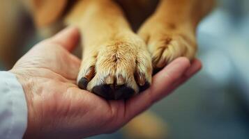 ai gerado generativo ai, veterinário mão é segurando cachorro garra. cachorro pata dentro humanos mão. doméstico animal foto