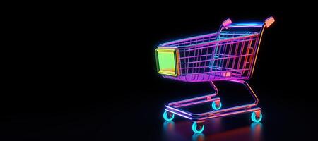 ai gerado generativo ai, néon compras carrinho em Sombrio fundo, anos 80 e anos 90 estilo, minimalista fazer compras on-line, livre entrega, descontos e venda conceito. foto