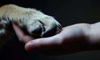 ai gerado generativo ai, veterinário mão é segurando cachorro garra. cachorro pata dentro humanos mão. doméstico animal foto