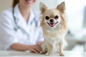 ai gerado generativo ai, fofa pequeno cachorro ser examinado de profissional veterinário dentro veterinario clínica foto