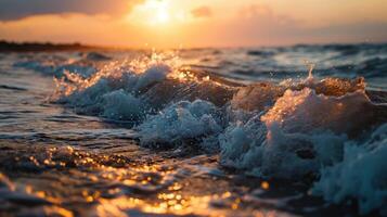 ai gerado ondas às mar, dourado hora foto