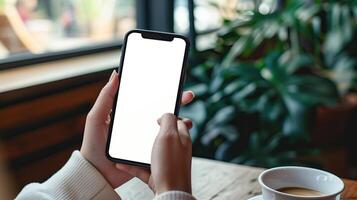 ai gerado mulher mão segurando inteligente telefone brincar, café fazer compras cena, branco em branco tela foto