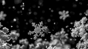 ai gerado floco de neve fechar-se em Sombrio Nevado fundo, inverno queda de neve foto