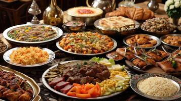 ai gerado Ramadã iftar ou suhoor festa tradicional pratos em mesa foto