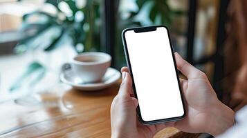 ai gerado mulher mão segurando inteligente telefone brincar, café fazer compras cena, branco em branco tela foto