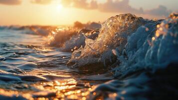 ai gerado ondas às mar, dourado hora foto