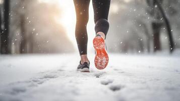 ai gerado homem caminhando em neve com risadinhas dentro a manhã costas lado Visão foto