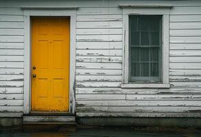 ai gerado uma amarelo porta Próximo para uma branco de madeira casa dentro cais foto