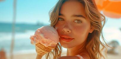 ai gerado uma menina segurando a gelo creme às uma de praia em dela cabeça foto