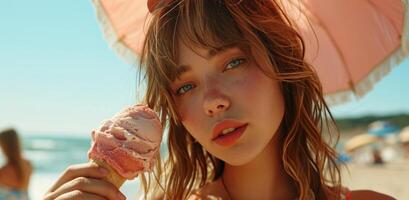 ai gerado uma menina segurando a gelo creme às uma de praia em dela cabeça foto