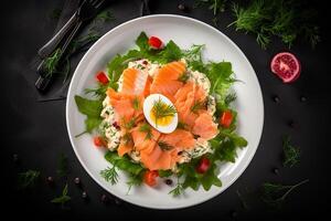 ai gerado uma prato do Comida com salmão, ovos, e legumes foto