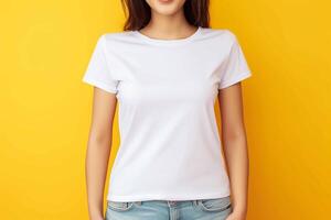 ai gerado mulher vestindo branco camiseta brincar em amarelo fundo foto