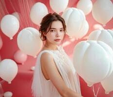 ai gerado elegante mulher dentro branco com balões em Rosa foto