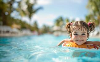 ai gerado criança tendo Diversão dentro hotel natação piscina foto