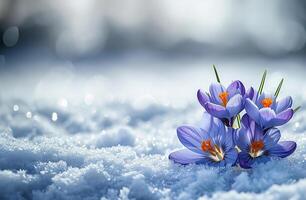 ai gerado azul açafrão florescendo em Nevado branco foto