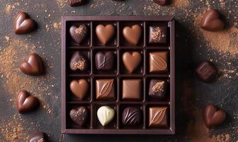 ai gerado doce chocolate coração caixa em uma mesa foto