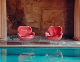 ai gerado dois Rosa cadeiras ao lado uma natação piscina foto