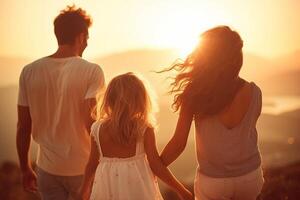 ai gerado feliz família mãe, pai, crianças filho e filha jogando juntos e corrida costas em natureza em pôr do sol foto
