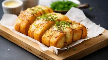 ai gerado recentemente cozido pão com manteiga e verde cebolas em uma de madeira corte borda foto