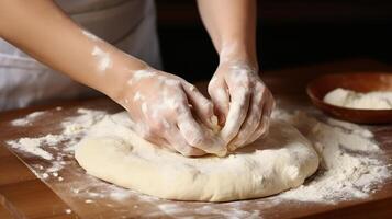 ai gerado fêmea mãos amassar massa em mesa dentro cozinha, fechar-se foto