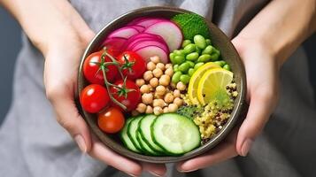 ai gerado saudável salada tigela com grão de bico, tomates, pepinos, vermelho cebola e alface dentro mulher mãos. foto