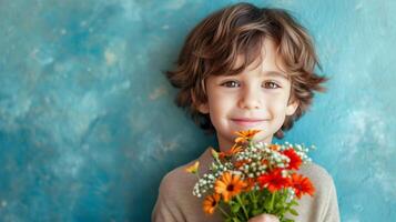 ai gerado Garoto com flor ramalhete para mãe em minimalista fundo com cópia de espaço foto