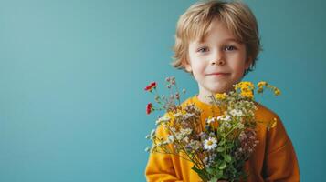 ai gerado Garoto com flor ramalhete em minimalista fundo com cópia de espaço foto