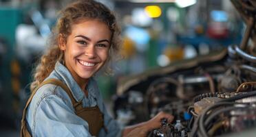 ai gerado fêmea mecânico sorridente enquanto trabalhando em uma carro foto