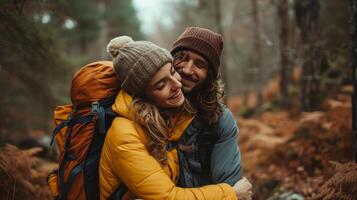 ai gerado casal é abraçando e sentado fechar dentro a floresta foto