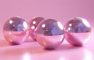 ai gerado quatro Rosa discoteca bolas em uma Rosa fundo, pop informação, espelhado, felizcore, foto